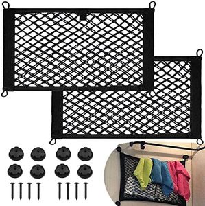 2 Pack Small Cargo Net Pocket Storage Mesh Net Elastic Automotive Cargo Nets Storage Pouch for Car Trunk Net, RV, Boat Storage Mesh Pocket Net with 8 Mounting Screws and Hooks (18 x 9.8 Inches)