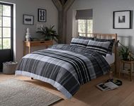 Olivia Rocco Hudson Check Duvet Cover Set Modern Print Cotton Rich Quilt Covers Bedding Bed Linen Sets, Black/Grey Double