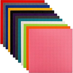 ZEAYEA 12 Pack Classic Baseplates, 10 x 10 Inch Building Base Plates for Kids, Compatible with Most Standard Building Bricks, 12 Colors Stackable Bases for Activity Table
