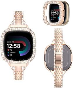 MOFREE Compatible for Fitbit Versa 4 Bands/Fitbit Sense 2 Bands Women with Hard Bling Bumper Protective Case Cover, Dressy Jewelry Diamond Rhinestone Metal Wristband for Fitbit Versa 4/Sense 2 (Rose