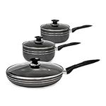 SQ Professional UNA Non-Stick Aluminium Essential Kit - 3pc Saucepan & Frying Pan Set - Pot & Pan Set with Tempered Glass Lid & Steam Vent -Saucepan 16cm & 20cm - Frying Pan 24cm