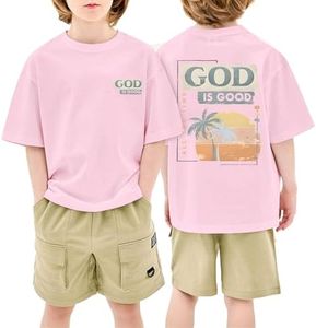 KEEVICI Boys God is Good Shirt Christian Faith Shirts for Kids Jesus Beach Palm Tree Hawaiian Tshirt Graphic Tees Cotton Tops(Pink,120)
