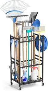 Garden Tool Organiser with Wheels, Rolling Storage Rack, 35 Tools Capacity, Metal Steel, Black