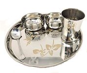 Titox India Heavy Grade Stainless Steel Floral Designer Thali Set|Dinner Plates Thali Set|Dinner Set|Thali Diameter-280 Mm|5 Pieces-1 Thali,2 Bowl,1 Glass,1 Spoon (Stainless Steel) Multicolor