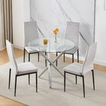 RVEE Modern Round Glass Dining Room Table and Chairs Set of 4, 5 Pieces Small Kitchen White Faux Leather Chairs with Clear Tempered Glass Dining Table for 4 People (Table with 4 Gray Chairs)