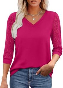 Womens 3/4 Sleeve Tops and Blouses V Neck Lace Sleeve Tunic Tops Hot Pink Valentines Shirts for Women XXL