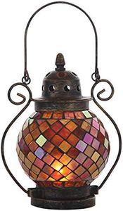 Lily's Home Decorative Candle Lanterns, Mosaic Glass and Wrought Iron Tea Light Candle Holder for Indoor or Outdoor Hanging Lantern. Candle NOT Included. Orange and Gold