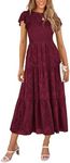 PRETTYGARDEN Women's Floral Midi Dresses 2025 Summer Cap Sleeve Smocked Ruffle A Line Long Flowy Wedding Guest Dress (Wine Red,Small)