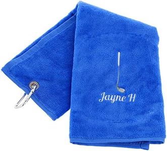 Personalised Embroidered Golf Towel with Any Name Any Font Luxury Velour 50cm x 40cm Custom Embroidered Golf Towel with Carabiner Clip Gift- Golf Gifts for men and women (Royal Blue)