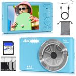 Digital Camera for Teens, FHD 4K 44MP Autofocus Camera with 64GB Card, 2 Batteries, Lanyard, 16X Digital Zoom, Compact Portable Cheap Point Shoot Cameras for Kids Boys Girls Students Beginners(Blue)