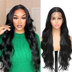 X-Tress 26" Body Wave Lace Front Wig Synthetic Long Hair Wig for Women Glueless Wig Pre-Plucked Baby Hair Full Layered Hair Wig Middle Part Wig Highlight Lace Invisible Wig Wig for Women(1B)