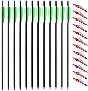 12pcs 20inch Carbon Crossbow Arrows Crossbow Bolts with 4inch Vanes and 12pcs 3 Blades Archery Broadheads 100 Grain Screw-in Arrow Heads Arrow Tips (Arrows with Red Tips)