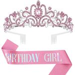 Leixi Birthday Girl Sash & Rhinestone Tiara Set,Birthday Sash and Tiara for Women Birthday Decoration Kit Rhinestone Headband for Girl Glitter Crystal Hair Accessories (Rose Red)
