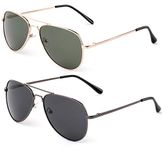 Polarized Kids Teens Juniors Aviator Polarized Sunglasses Stainless Steel Frame Spring Hinge UV Protection, 2 Pack- Gold/Green & Gunmetal/Smoke, Small