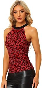 Allegra K Camiseta sin mangas con cuello halter para mujer, cintura fruncida, elástica, para fiesta, Leopardo rojo, L