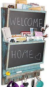 Rustic 2-Slot Mail Sorter Organizer for Wall w/ Chalkboard Surface & 3 Double Key Hooks - Wooden Wall Mount Mail Holder Organizer – Wall Décor for Entryway Made of Paulownia Wood - Distressed Blue