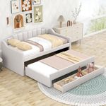 Harper & Bright Designs Upholstered Daybed with Trundle & 3 Drawers,Wooden Twin Daybed with Trundle and Storage, Twin Captain’s Bed for Bedroom, Living Room, Guest Room, Beige