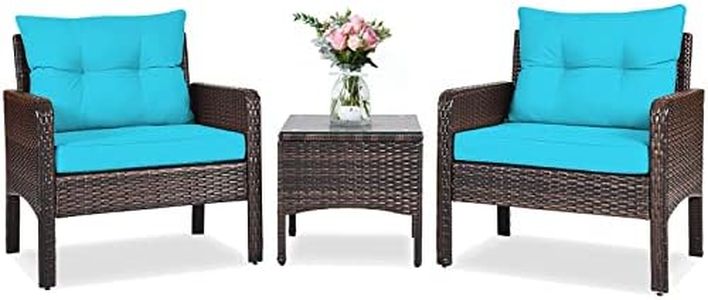 ORALNER 3-Piece Patio Conversation Set, All-Weather Wicker Sofa Chair and Coffee Table Set with Thick Cushions, Outdoor Furniture, Rattan Bistro Set for Balcony Deck Porch Poolside Garden (Turquoise)