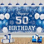 50th Birthday Decoration Banner, 50th Blue Silver Birthday Backdrop Banner Photo Booth Sign Decorations, Extra Large Fifty Birthday Banner Background for Men 50th Birthday Anniversary Party Supplies