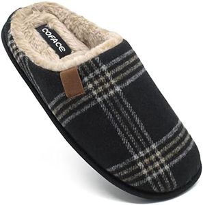 COFACE Mens Black Flano Plaid Cozy Memory Foam scuff Slippers Slip On Warm House Shoes Indoor/Outdoor With Best Arch Surpport Size 11