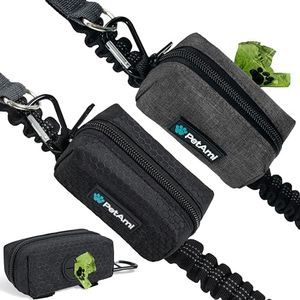 PetAmi Dog Poop Bag Holder for Leash Attachment, Doggie Zipper Pouch Soft Fabric Poop Bag Carrier, Dog Pet Waste Bag Dispenser with Carabiner Clip, 1 Roll of Dog Trash Bag (Black/Gray, 2 Pack)