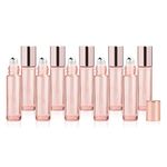 10ml Pink Glass Roll On Bottles,Empty Essential Oil Glass Roller Bottle With Stainless Steel Roller Balls,Rose Golden Cover Perfume Travel Roll-On Vial Lip gloss Tube Container-10 Pack