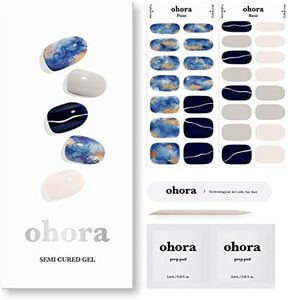 ohora Semi Cured Gel Nail Strips (N Mirinae) - Blue/Dark, Patterned, Works with UV/LED Lamps, Salon-Quality, Long Lasting, Easy to Apply & Remove - Includes 2 Prep Pads, Nail File & Wooden Stick