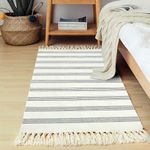 LEEVAN Boho Kitchen Runner Rug 2x4 ft Farmhouse Black White Striped Bathroom Rug with Tassel Bohemian Hand Woven Geometric Floor Carpet Chic Printed Bedside Rugs for Living Room Bedroom