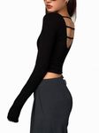 V Wear Trendy Boat Neck Deep Back Full Sleeve Crop top for Women and Girls (in, Alpha, 2XS, Regular, Black)