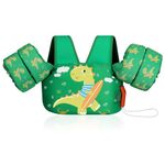 MoKo Toddler Swim Vest for Kids, Swim Arm Band Cartoon Swimming Wings Pool Float Vests Sleeves Shoulder Straps Arm Floaties for Children 25-60 lbs Learn to Swim, Green & Surfboard Dinosaur