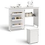 COSTWAY Folding Sewing Table, Multipurpose Craft Station Desk, Display Cabinet with Shelves Storage, Lockable Wheels, Rolling Sewing Machine Desk for Home Apartment, White