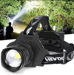 BUD K Headlamp - Rechargeable LED Headlamp with 90000 Lumens Super Bright Headlamp with 5 Lighting Modes, IPX6 Waterproof, Zoomable Headlamp for Camping, Hiking, Fishing, Biking(Including Batteries）