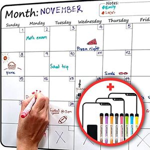Large Dry-Erase Magnetic Monthly Calendar + Free Bonus: 3 Grocery/to-Do List Whiteboards (Organizer/Planner) for Kitchen Fridge - Full Set: 8 Markers + Eraser | Stain Free | Horizontal