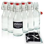 volila Glass Bottles with Stoppers 250ml 6 Pack, Clip Top Preserve Bottles, Clear Swing Top Bottles for Homebrewing, Beverages, Kombucha, Wine, Vinegar and Oil (250ml - 6 Bottles)