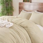 PHF Crinkle Comforter Set Queen Size, Breathable & Soft Cozy Bedding Sets for All Seasons, 3PCS, 1 Warm Lightweight Fluffy Comfy Like Muslin Comforter (90"x90"), 2 Pillow Shams(20"x26"), Sand