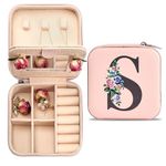 Seorsok Personalized Letter Jewelry Box, PU Leather Travel Portable Case with Mirror, Mini Pink Alphabet Flower for Women Mom Girls Gift, Jewelry Storage Case for Rings Earrings Necklace, Letter S