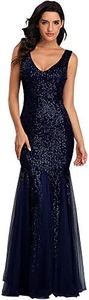 Sleeveless Double V-Neck Long Mermaid Sequin Formal Evening Dresses, Navy Blue, Small