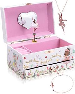 The Memory Building Co Black Ballerina Musical Jewelry Box Plays Classic Melody, Storage Organizer Music Box for Kids Ages 6-12 MDF Wood w/ 2 Fabric Lined Ring Bracelet Necklace Treasure Compartments