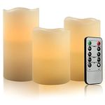 VETOUR Battery Operated LED Candle :Remote Control Flameless Electric Set of 3 Ivory Real Wax Pillar Flicker Candle with Timer Home Outdoor Realistic Bright Fake Luminare Powered Cylinder Light