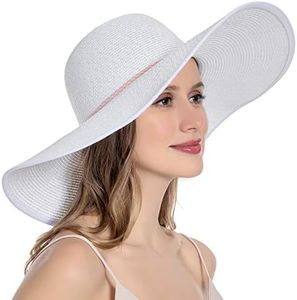 Muryobao Womens Sun Straw Hat Wide Brim UV UPF 50 Summer Hat Foldable Roll up Floppy Beach Cap for Women, White, One Size