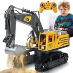 FUYLE Remote Control Excavator Toys for Boys, 14 Channel 2.4Ghz RC Digger Metal Shovel with Spray, Lights, Sounds, 1:14 Construction Toys 680° Rotation, Christmas Birthday Gift for Boys Kids