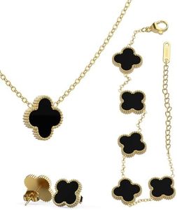 Generic 3 PCS Lucky Clover Necklace Set, 18K-Gold Plated Trendy Lucky Clover Bracelet, Necklace, Earrings Jewelry Set,Gifts for Mom, Wife, Daughter，Friends, Black