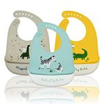 Baogaier Baby Bibs Silicone Waterproof Feeding Silicone Bib for Babies Easy Clean Soft Pocket Food Crumb Catcher for Weaning Toddler Kids Boys Animal Roll Up Bibs 6 Months Up Blue Grey Yellow - 3 PCS