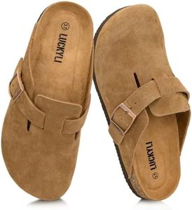 LUCKYLI Kids Suede Clogs Cork Footbed Sandals Boys Girls Slip On Mules with Arch Support Lightweight Adjustable Buckle Slippers for Indoor Outdoor (Little/Big Kids) (4 Big Kid, Tan Brown)