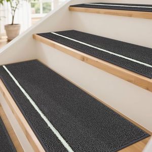 JSEI Stair Treads for Wooden Steps with Glow-in-the-Dark Stripe Indoor, Non-Slip Washable Carpet Stair Treads with TPE Backing, 15 Pack, 9" x 28", Dark Grey