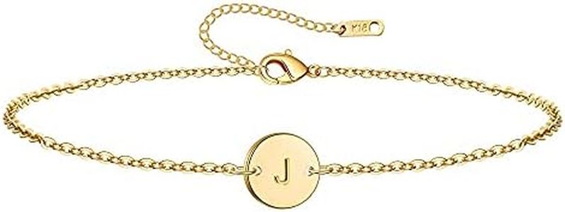 Ovian Initial Charm Bracelet for Women 18K Gold Plated Stainless Steel Coin Disc Engraved Letter J Bracelet Personalized Monogram Name Bracelet for Girls