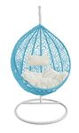 Hindoro Rattan Wicker Wrought Iron Single Seater Swing Chair with Stand & Cushion & Hook Outdoor || Indoor || Balcony || Garden || Patio || Living Outdoor Furniture (Blue with White, Oval)