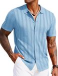 COOFANDY Mens Crochet Button Down Shirt Casual Knitted Polo Shirt Short Sleeve Vacation Hawaiian Shirts Fashion Beach Resort Wear Shirts Light Blue