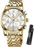 OLEVS Watches for Men Gold Watch Stainless Steel Big Face Wrist Water Resistant Watch for Men Metal Band Bracelet Original Luxury Chrono Classy Large Face Watches with dates Chronograph Analog Waterproof Adjustable relojes para hombres