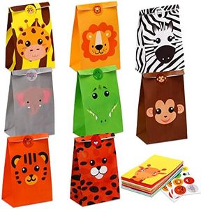 24 Pack Jungle Safari Party Favor Bags Safari Animal Kids Goodie Bags Candy Treat Bag Colorful Zoo Party Paper Gift Bags with Stickers for Kids Birthday Party Baby Shower Decorations